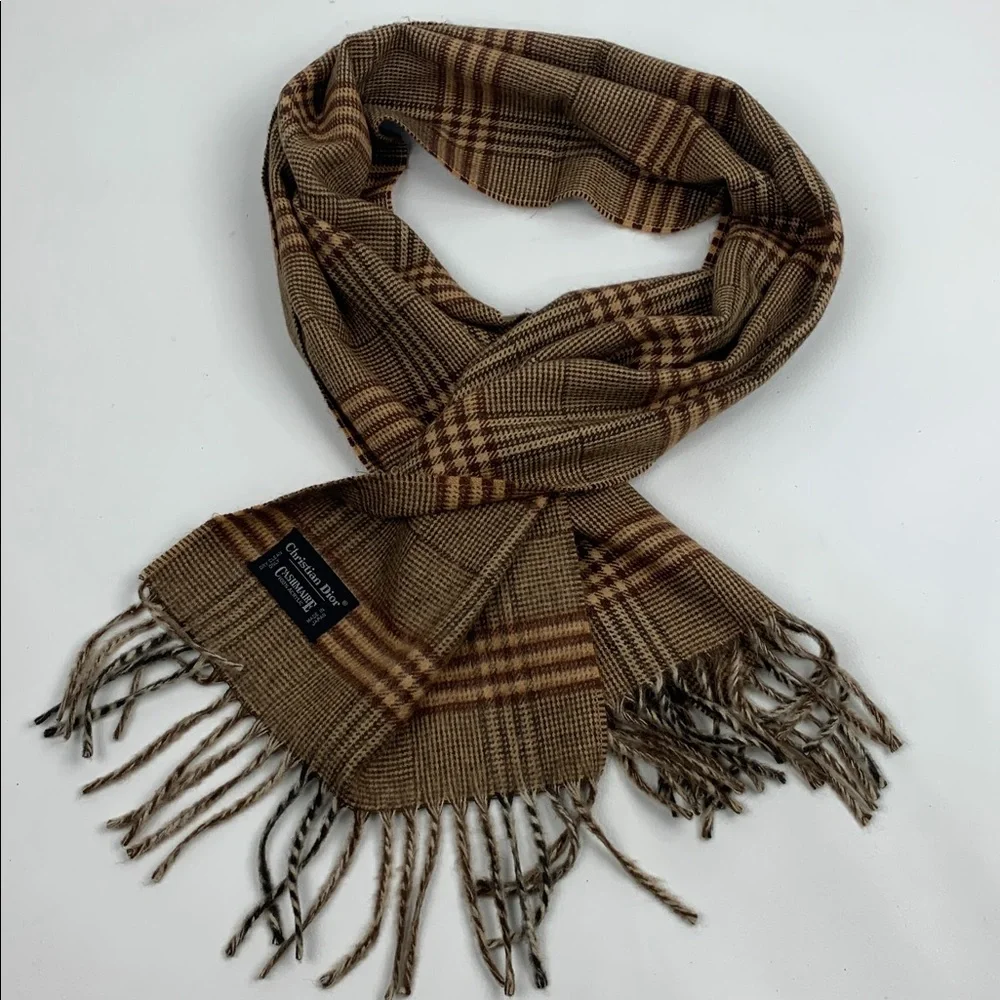 Vintage Christian Dior Tan and Brown plaid stripe Scarf Cashmaire Acrylic Japan